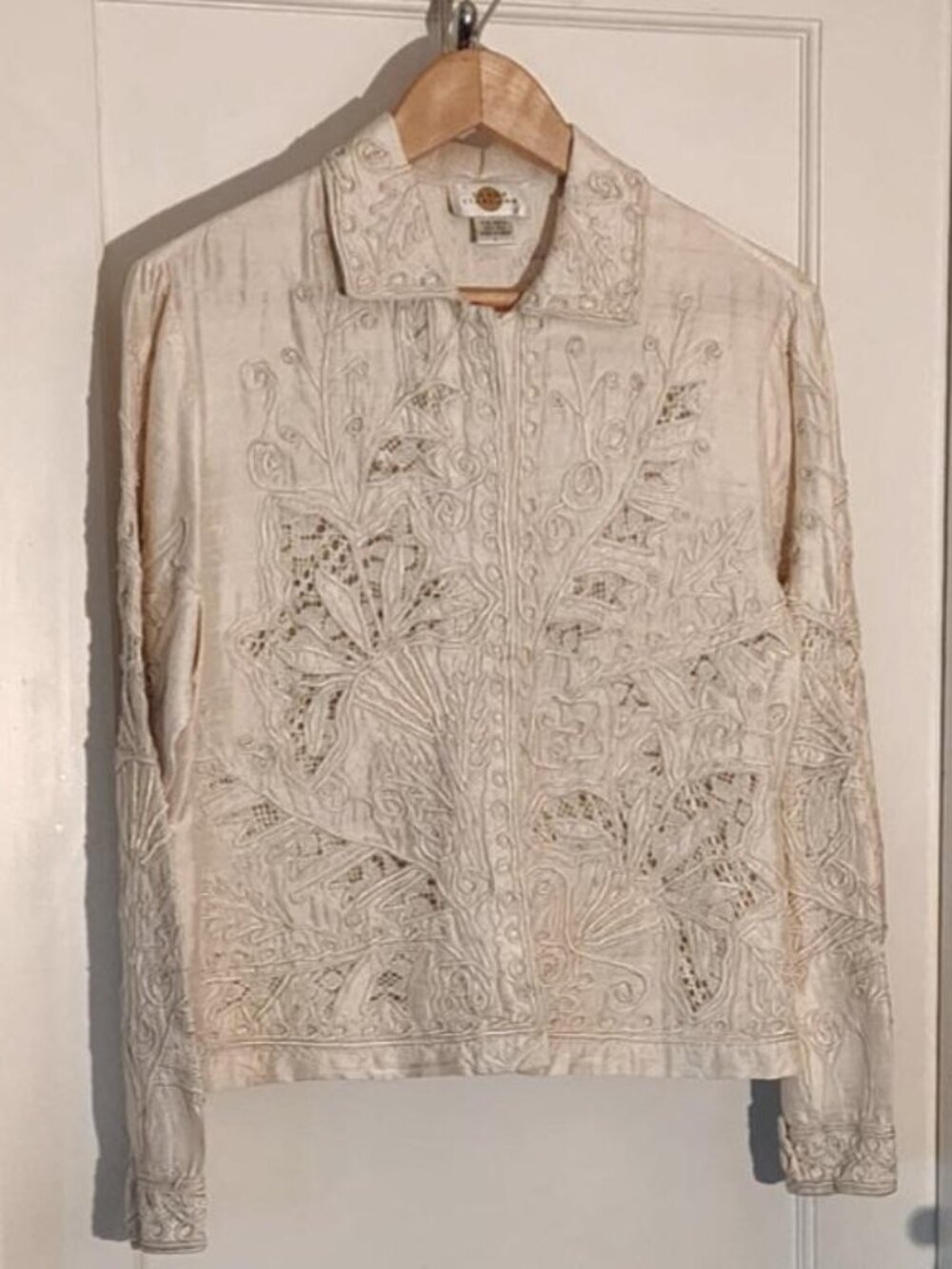 Sandy Starkman 100% Silk Ornate Embroidered Ivory Jacket Art-to-Wear, '90s, L